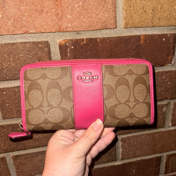 Coach Handbags - Coach Zip Around Accordion Long Wallet Signature Brown/Pink